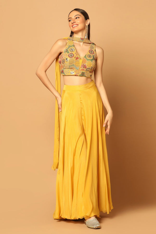 Yellow Crepe Embroidery Dori V Neck Sequin And Blouse Palazzo Set