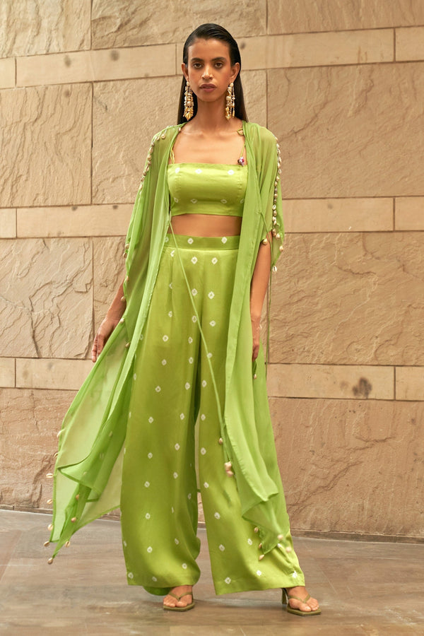 Green Modal Satin Printed Bandhej Square Neck Sora Pant Set With Kaftan