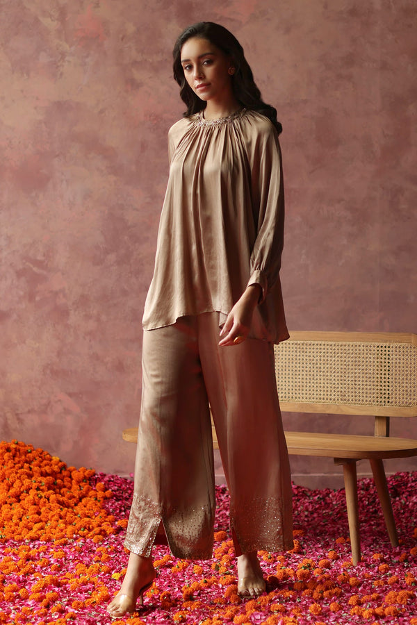 Gold Satin Embroidery Zardozi Round Champagne Top And Pant Set