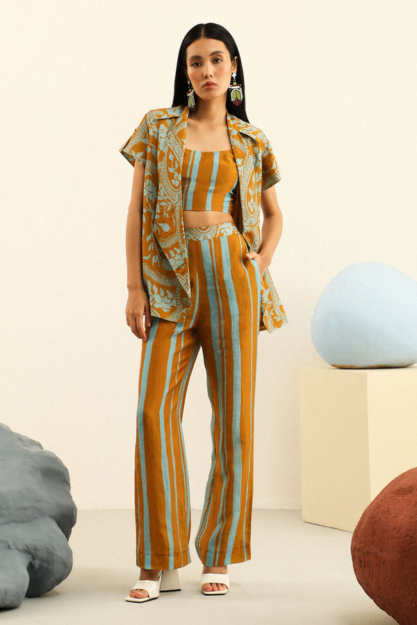 Yellow Handloom Linen Printed Botanical And Stripe Sydney Pant Set