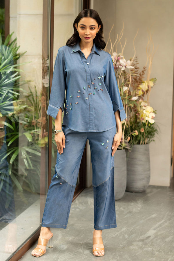 Blue Denim Embellished Rhinestone Shirt Collar Placement With Pant