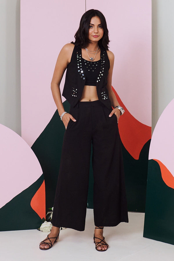 Black Cotton Embroidered Mirror Jacket Open Pant Set