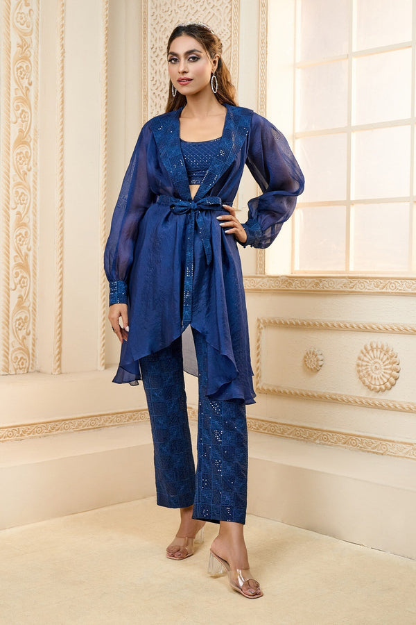 Blue Embroidered Geometric Bustier Scoop Pant Set With Jacket