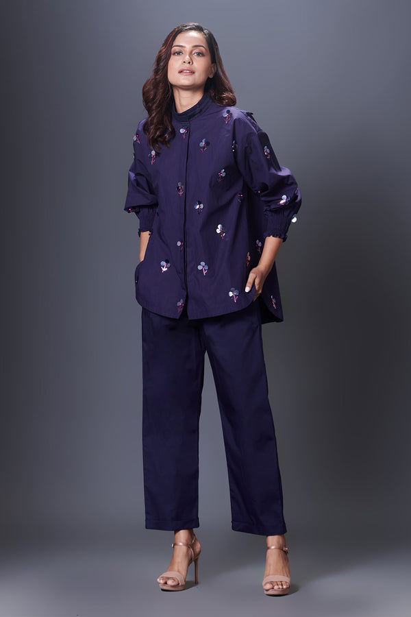 Blue 100% Cotton Hand Embroidered Sequins Collar Shirt And Pant Set
