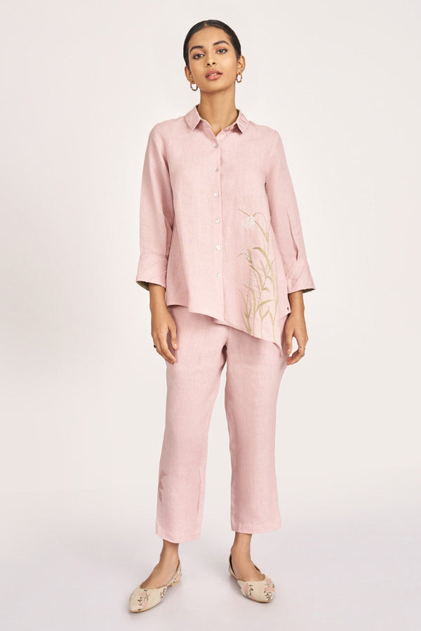 Pink 100% Linen Embroidered Dew Drop Asymmetric Shirt And Pant Set