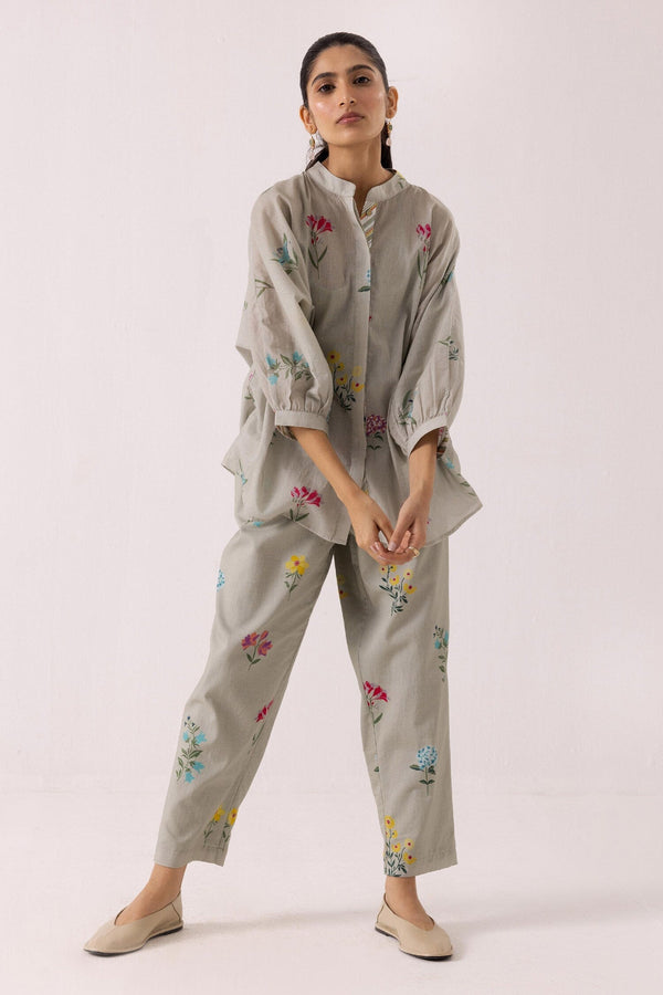 Green Cotton Print Floral Closed Neck Shirt With Pant