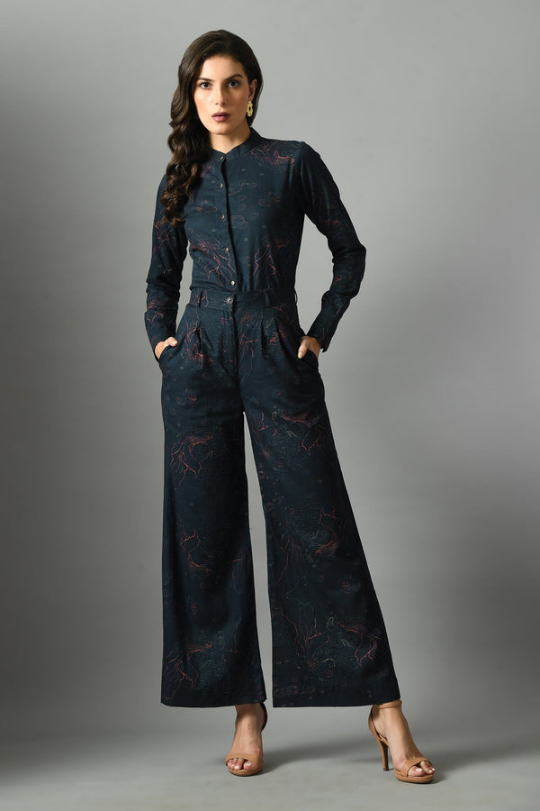 Blue Linen Printed Floral Band Collar Alice In Wondersea Shirt And Trouser Set