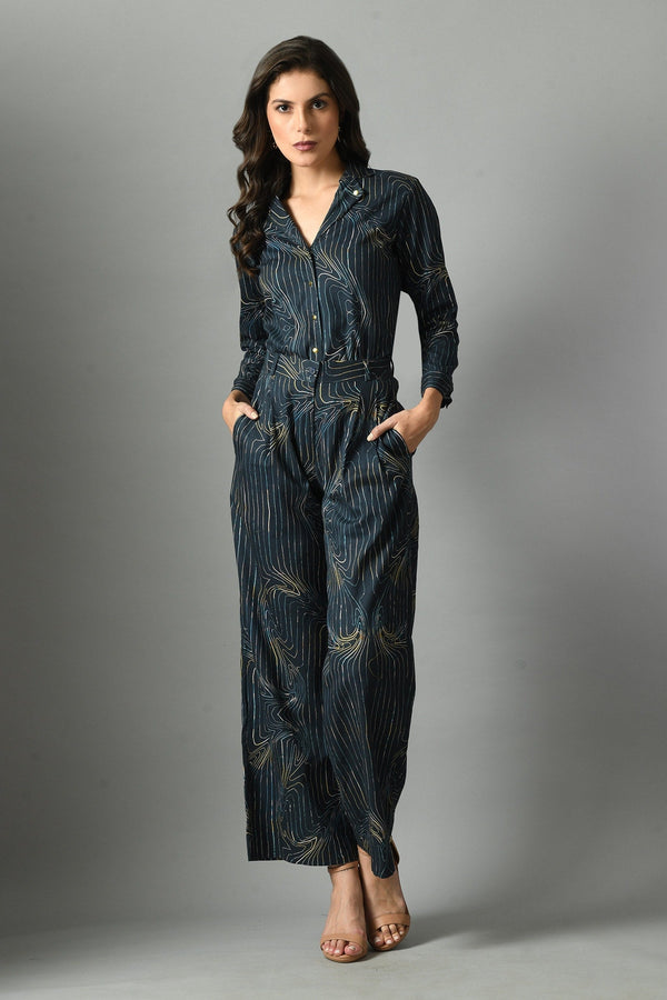 Blue Linen Printed Wave Collar Wondersea Shirt And Trouser Set