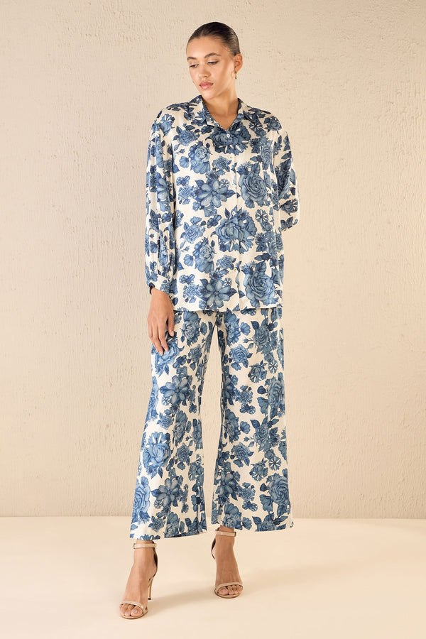 Blue Shirt Bemberg Satin Print Iris Blossom Collar Neck With Pant
