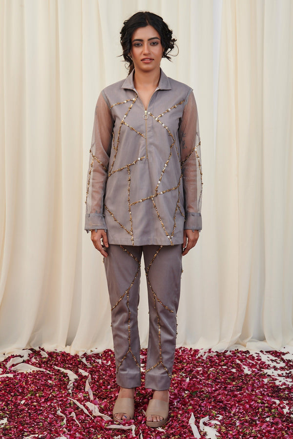 Silver Organza Embroidery Bead Collar Shikaram Stripe Shirt And Pant Set