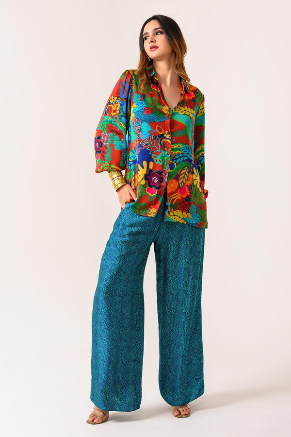 Multi Color Silk Satin Printed Flower Collar Shirt And Pant Set