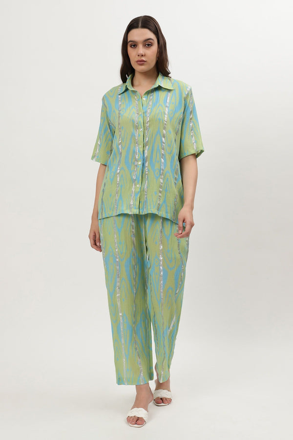 Green Cotton Crepe Print Ikat Collared Neck Nicole Shirt With Pant