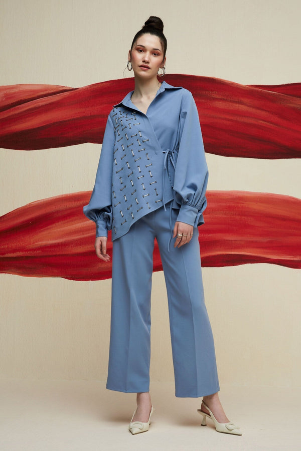Blue Luxury Crepe Placement Embroidery Geometric Collared Neck Shirt With Pant