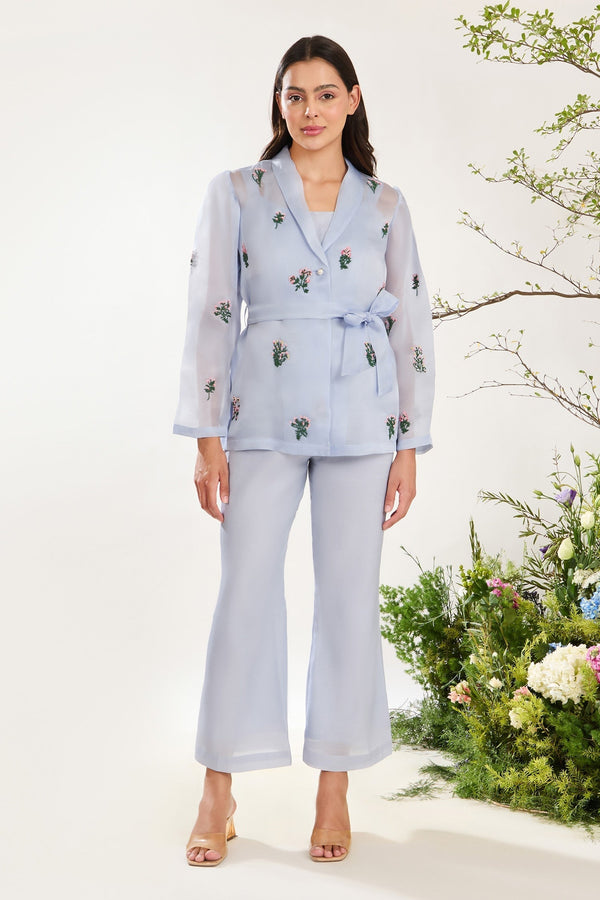 Blue Jacket - Silk Cotton Organza Embroidery Flower Vine Hand And Pant Set