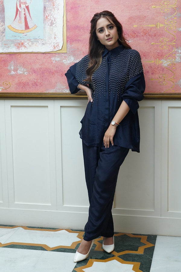 Blue Crepe Embellished Bead Shirt Collar With Pant