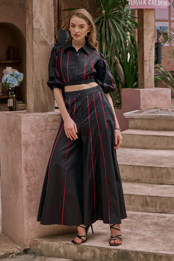 Black 100% Cotton Poplin Embellished Pipe Collar Nate Top And Pant Set