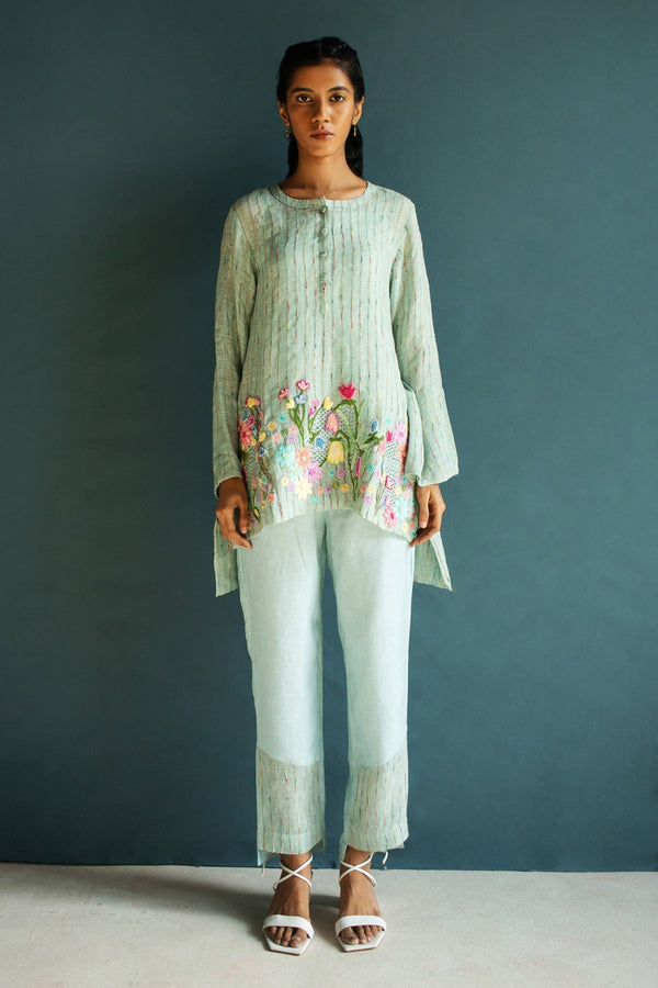 Blue Handloom Linen Hand Embroidery Floral Flower Bloom Long Top With Pant