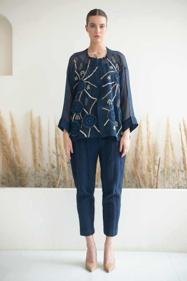 Blue Top Linen Fletcher Embroidered Patch Round Floral Crochet Work With Pant