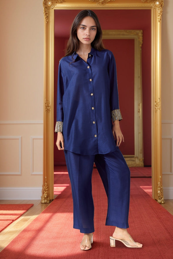 Blue Silk Blend Embroidery Pearl Work Cuff High Low Shirt With Flared Pant