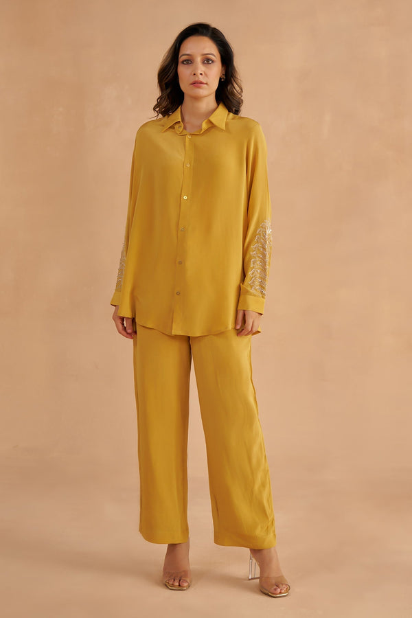 Yellow Crepe Silk Placement Embroidery Floral Chintz Collared Shirt With Pant