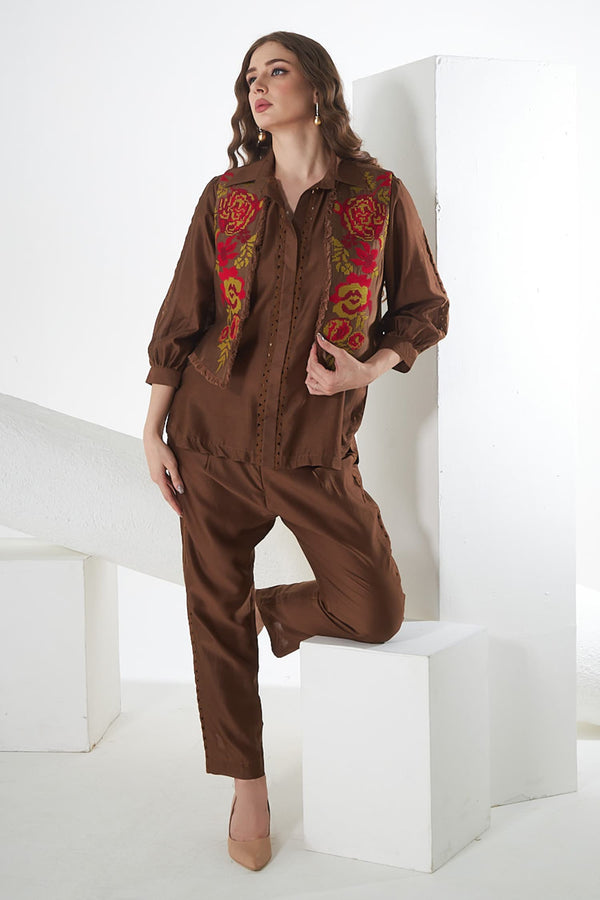 Brown Chanderi Silk Embroidered Floral Shirt Collared Jacket With Pant Set