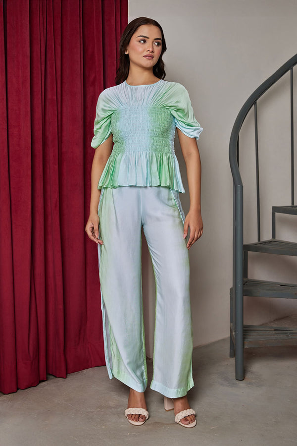 Green Glacia Smocking Top And Overlap Pants Set