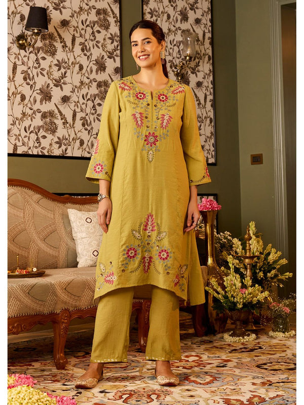 Pista Green Embroidered Cotton Linen Co-Ord (Set of 2)