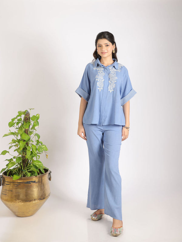 Blue Blossom Embroidered Co-Ord (Set of 2)