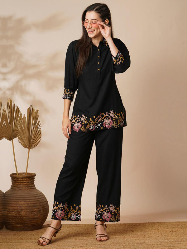 Women Black Floral Embroidered Shirt with Mid-Rise Pant (Set of 2)