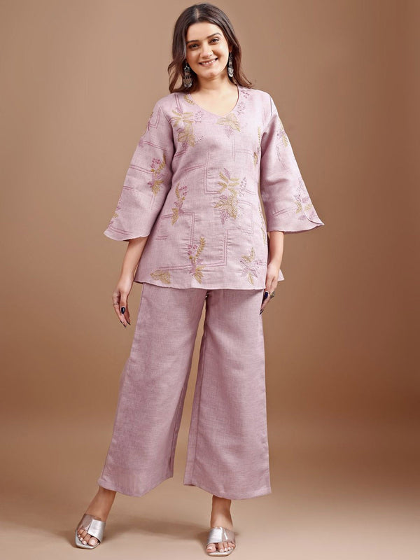 Embroidered Linen Top With Palazzos