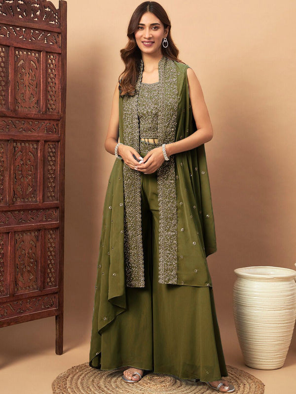 Embellished Round Neck Georgette Top & Palazzo With Shrug