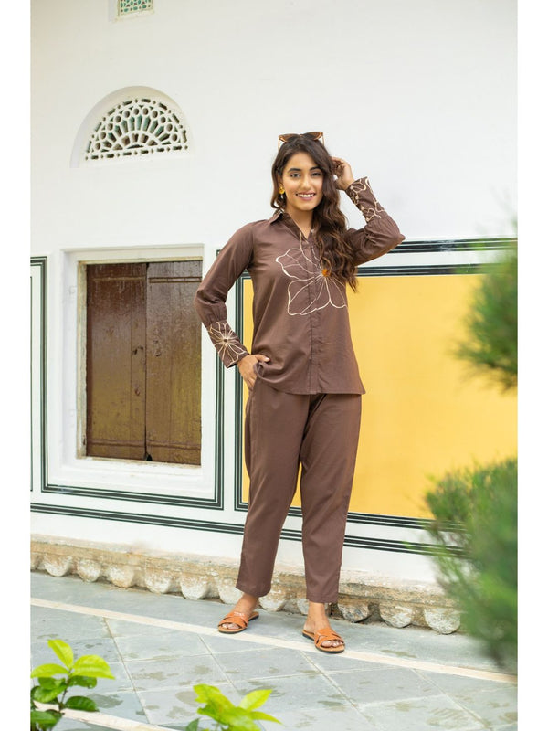 Whimsical Wings Walnut Brown Cotton Co-Ord For Women (Set of 2)