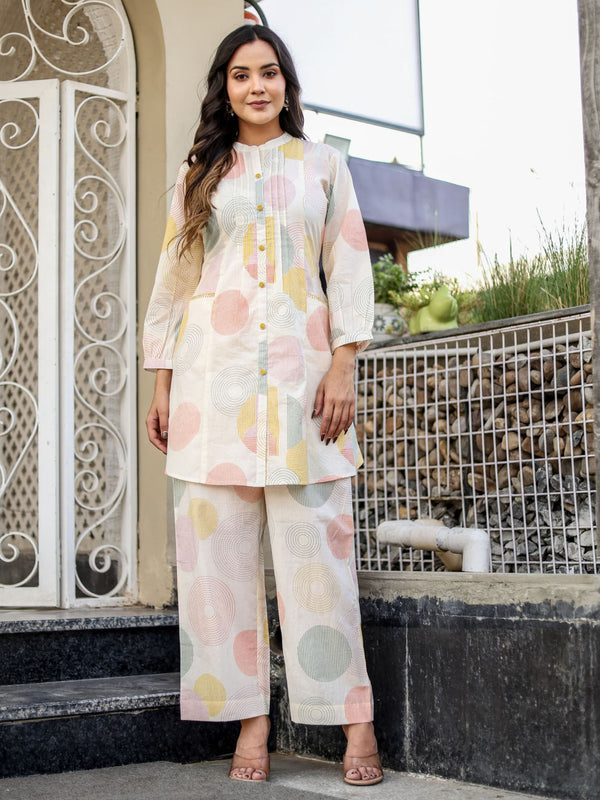 Cream Semi Cotton Printed Co-Ord (Set of 2)