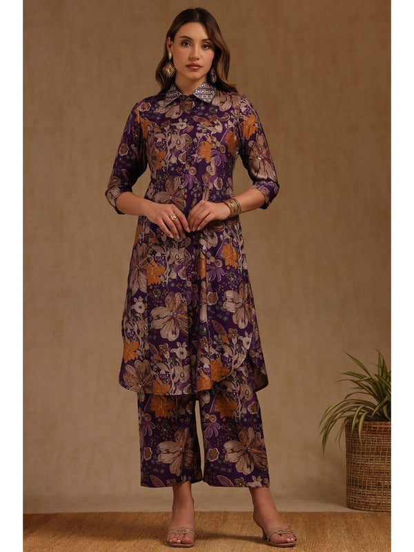 Purple Muslin Floral Print Co-Ord Set