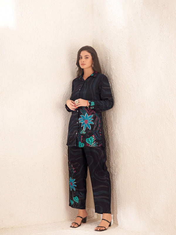 Black Floral Sequins Viscose Shirt Pant with Bustier (Set of 3)