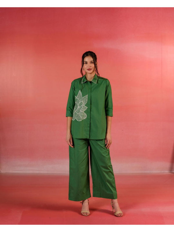 Dark Green Embroidered Green Poplin Co-Ord (Set of 2)