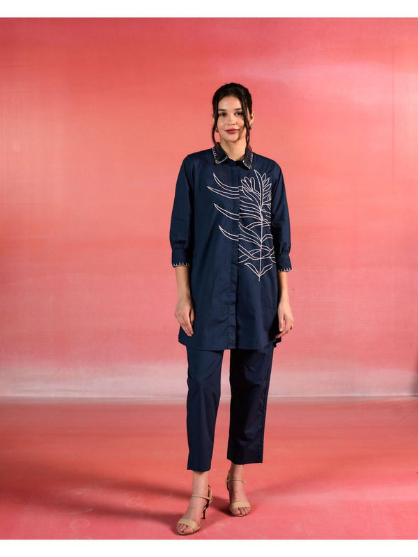 Navy Blue Embroidered Blue Poplin Co-Ord (Set of 2)