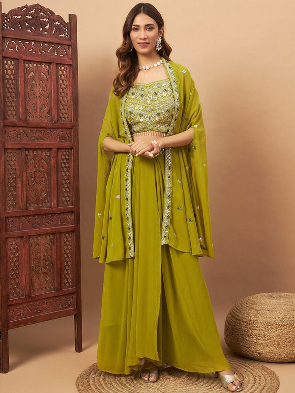 Embroidered Sleeveless Top & Skirt With Shrug