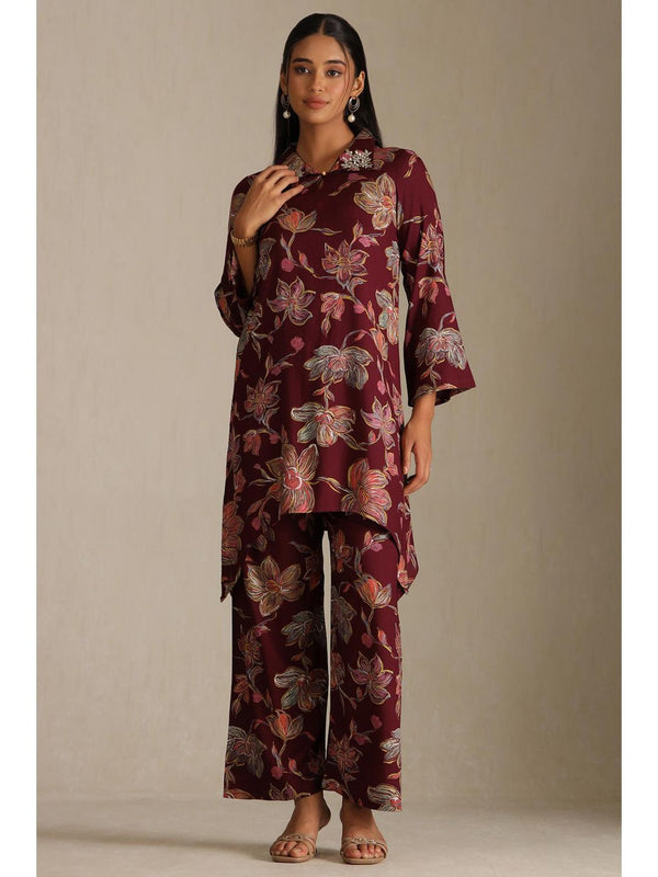 Womens Wine Rayon Floral Print Co-ord (Set of 2)