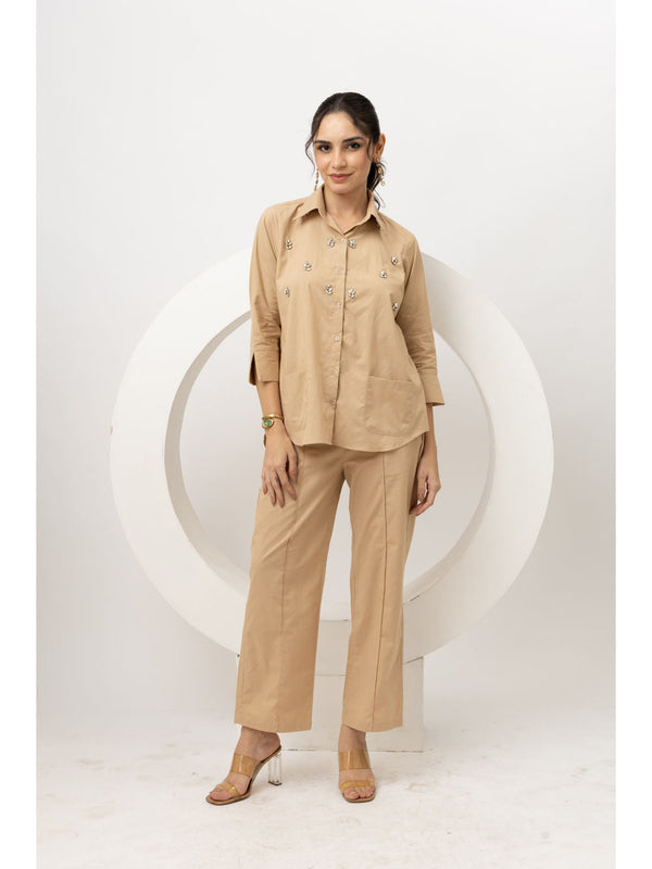 Beige Cotton Crystal Embroidered Co-Ord (Set of 2)