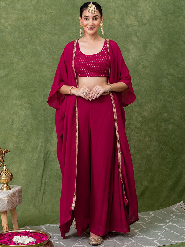 Embroidered Round-Neck Ethnic Crop Top With Palazzo & Shrug