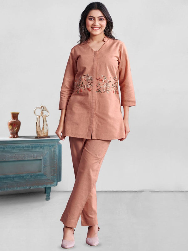 Floral Embroidered Mandarin Collar Neck Top With Trousers Co-Ords