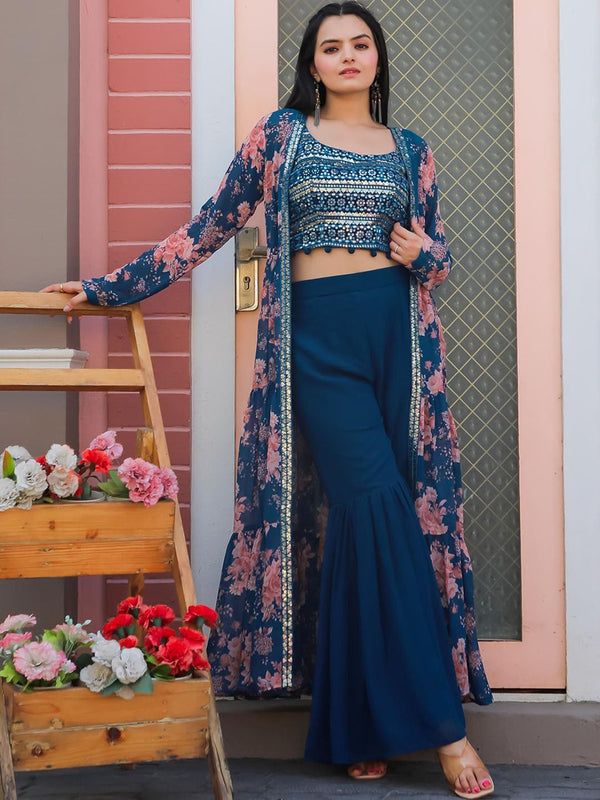 Embellished ROund Neck Top & Flared Palazzo & Shrug Co-Ords