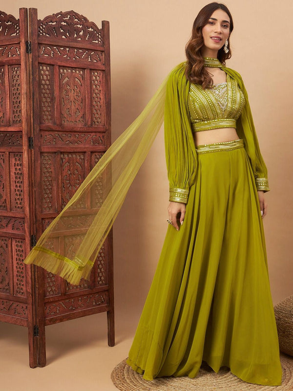 Ethnic Motifs Embroidered Mirror Work V-Neck Crop Top With Palazzo & Dupatta