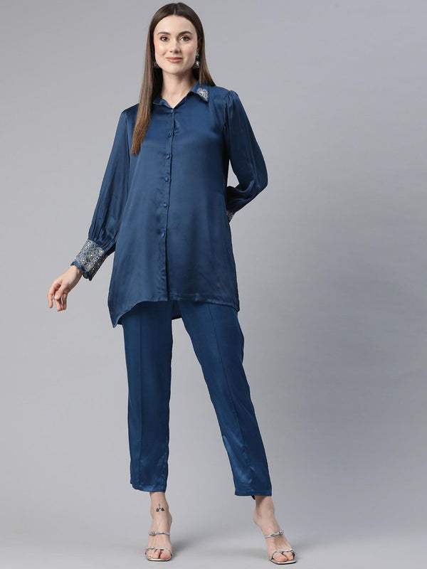 Women'S Blue Shirt Style Silk Co-Ord (Set of 2)