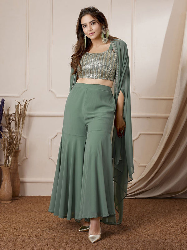 Georgette Sequined Crop Top With Sharara & Cape Set