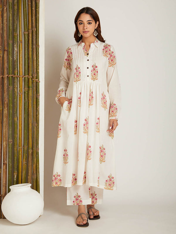 Block Printed A-Line Off White Pintuck Detailing Co-Ord (Set of 2)