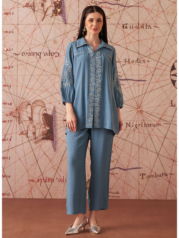 Navy Embroidered Rayon Co-Ord And Pant (Set of 2)