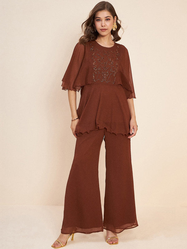 Brown Embellished Tunic With Trousers Co-Ords