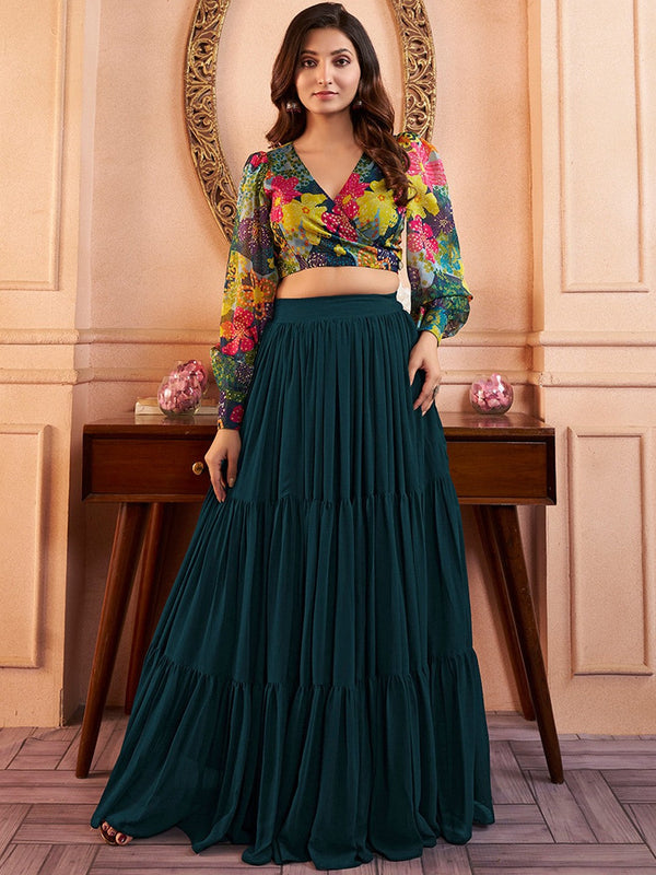 Printed V-Neck Cro Top With Long Flared Skirt Co-Ords